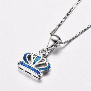Faux Blue Opal Crown Necklace Silver Tone Royal